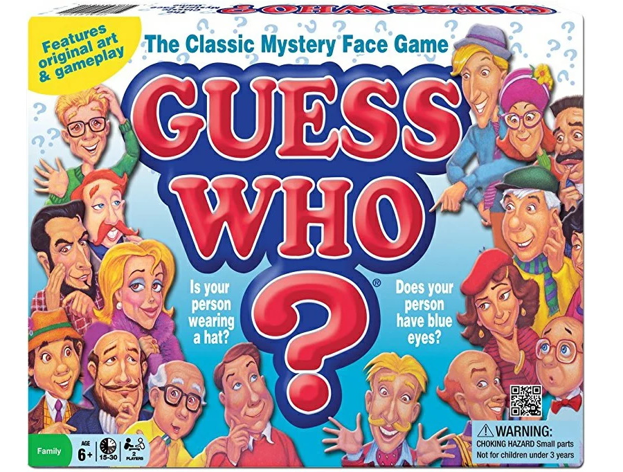 Box cover of Guess Who, a classic board game featuring colorful cartoon faces, reflecting adult leisure activities from Man of Manys top games list.