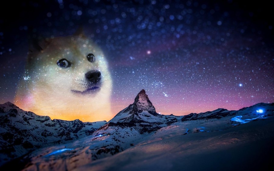 Doge meme superimposed over a majestic mountain range under a starry night sky, perfect for a funny Zoom background.