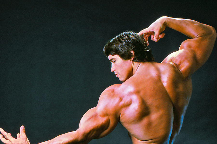 Arnold Schwarzenegger posing showing his back