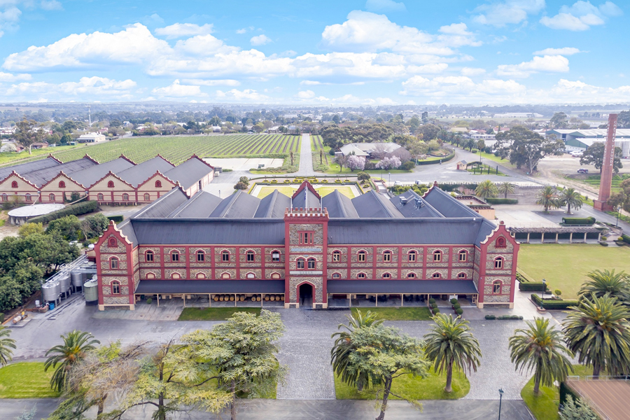 Long high angle shot of the Chateau Tanunda winery exterior