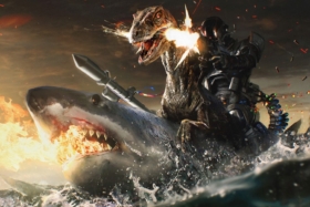 A humanoid robot riding a T-Rex riding a huge shark