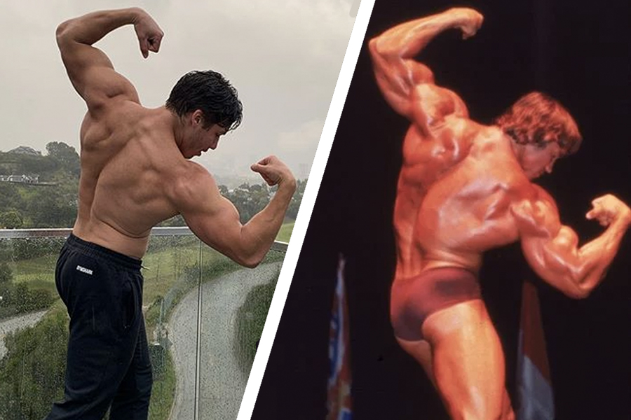 Arnold Schwarzenegger and son's photos flexing their back and biceps