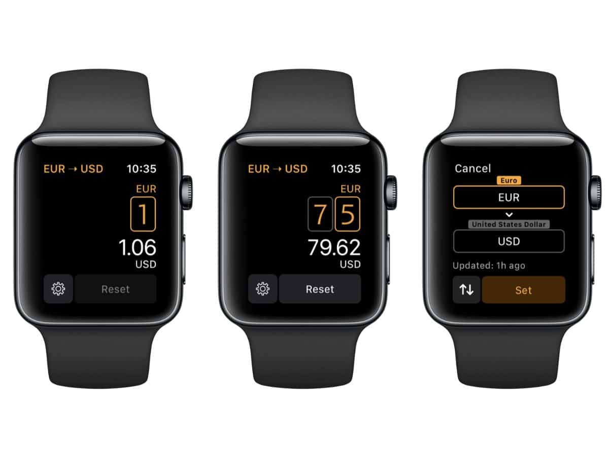 Elk Travel Currency converter app screens on three apple watches