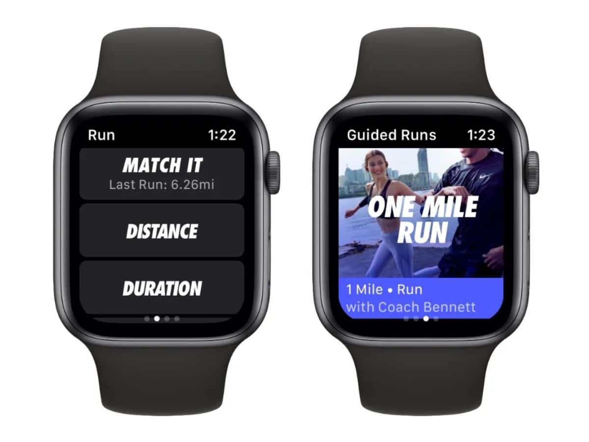 Nike+ Run Club app screens on two Apple watches