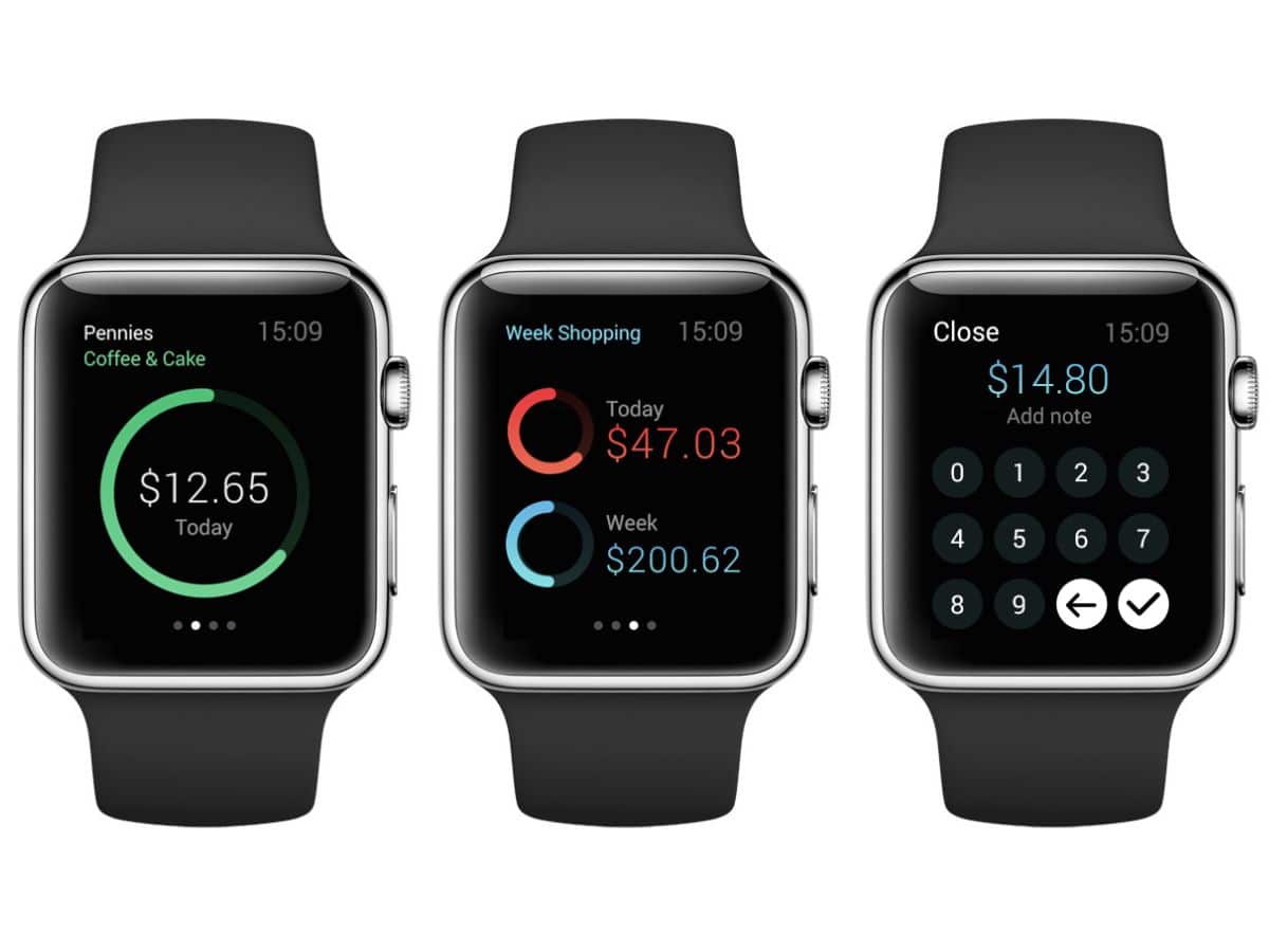 Pennies app open on three Apple watches
