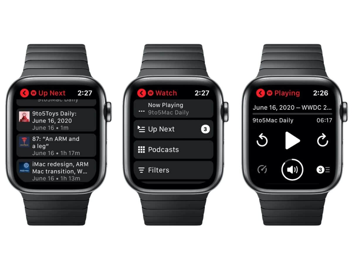 Pocket Casts app open on three Apple watches
