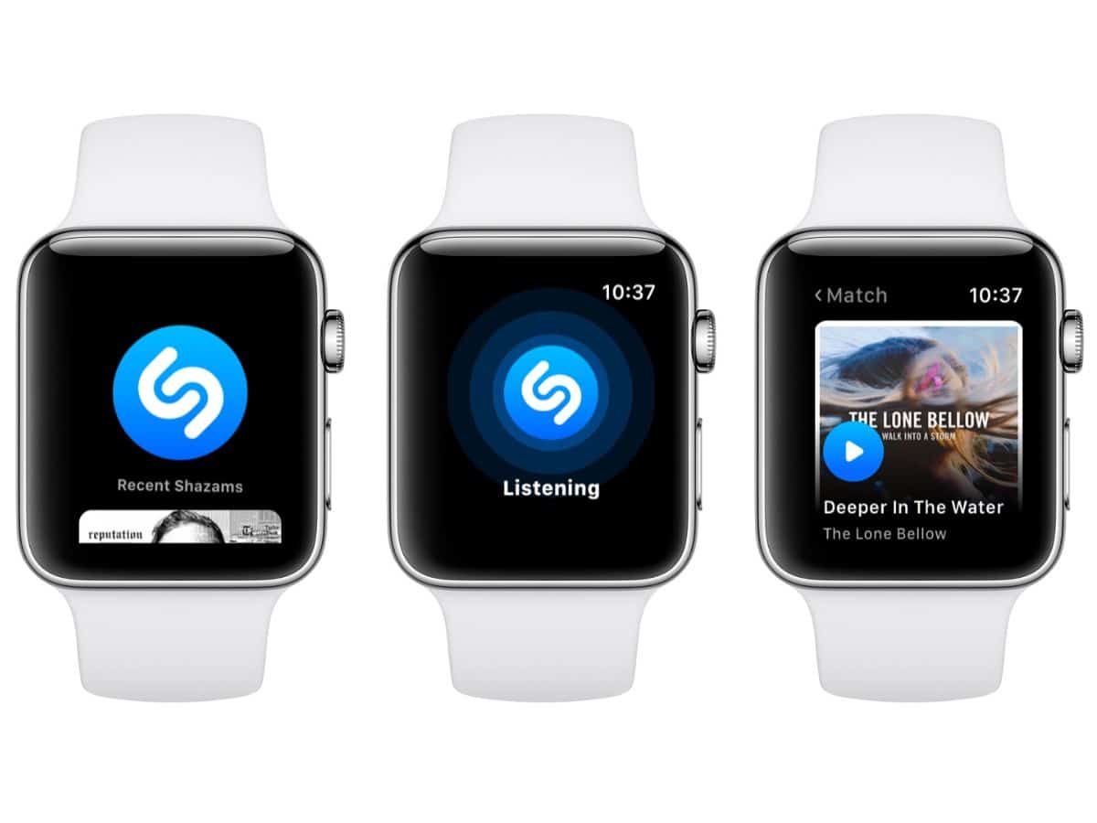 Shazam app open on three Apple watches
