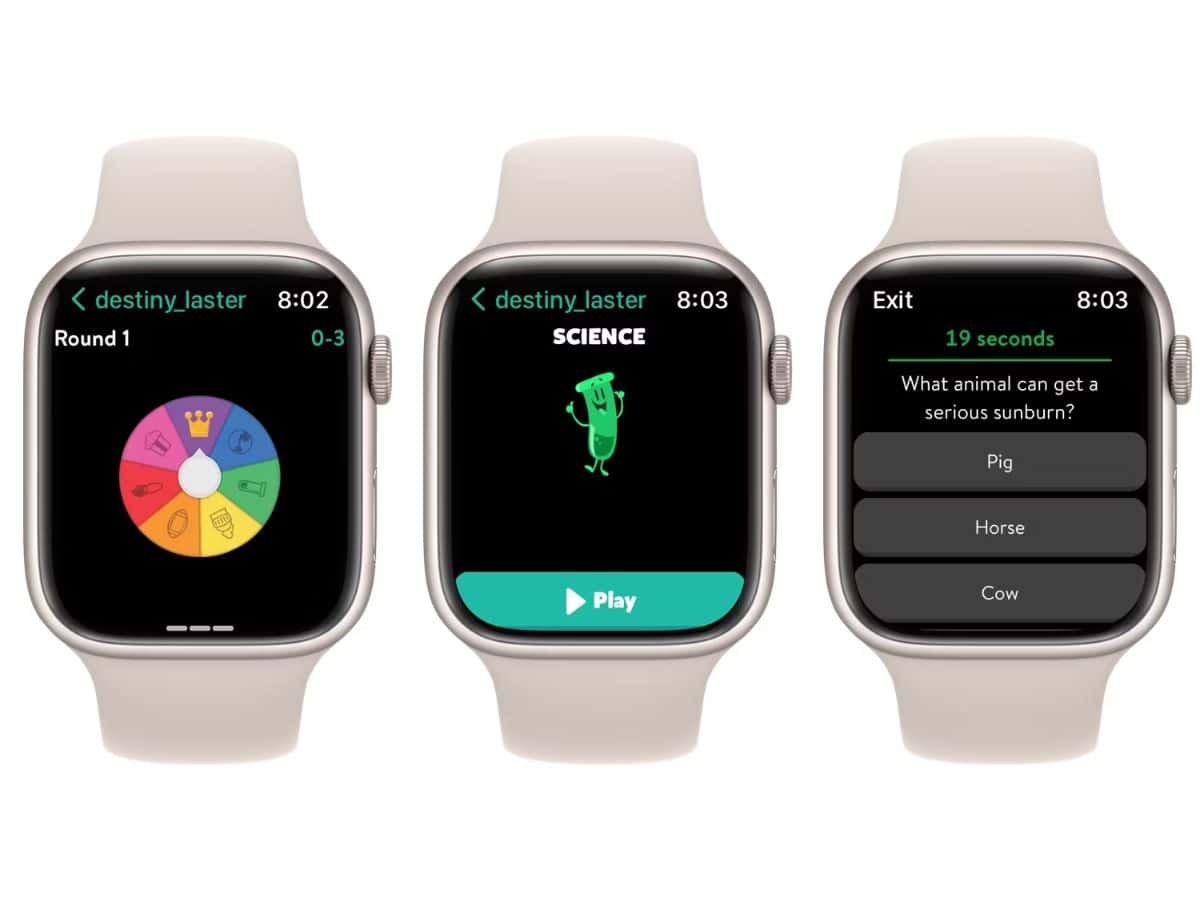 Trivia Crack app screens on three apple watches