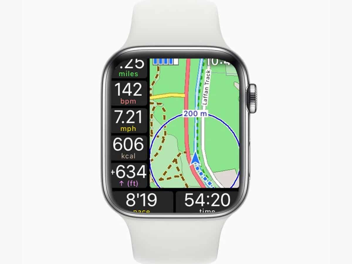 Apple watch with WorkOutDoors app open showing a route on map