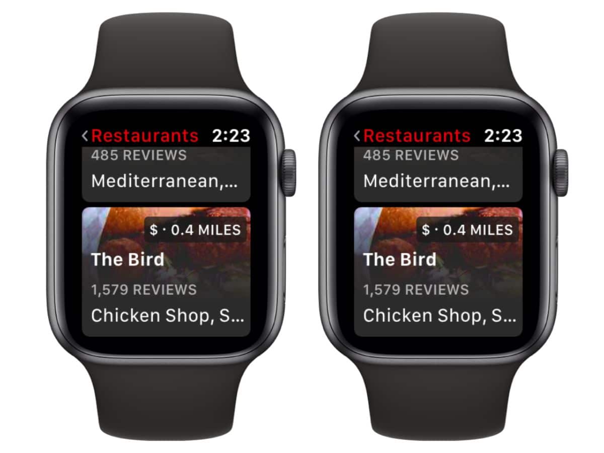 Yelp app screens on two Apple watches