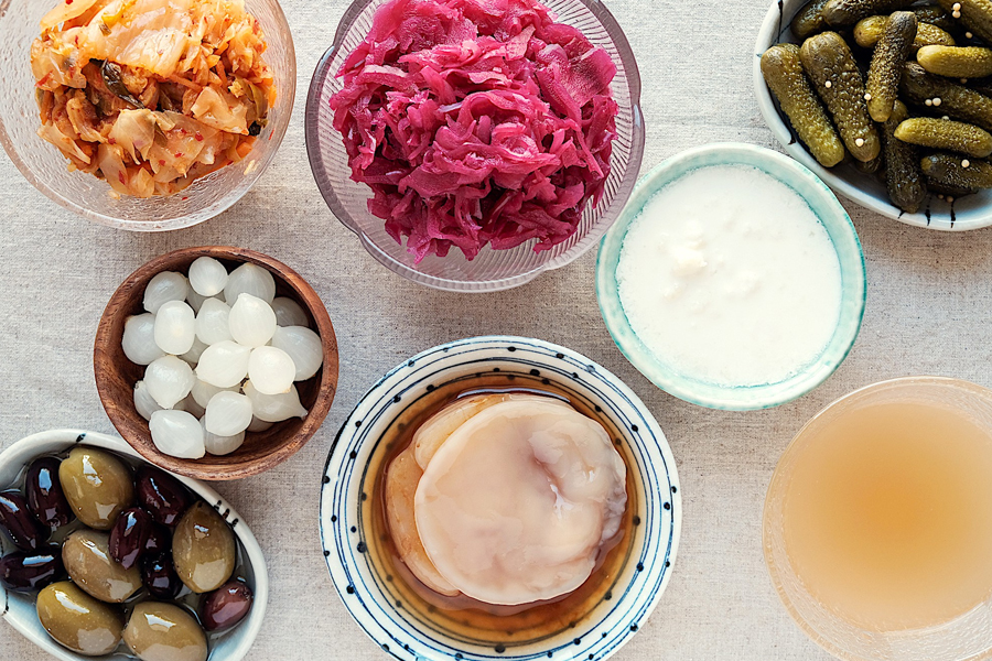 Probiotic-rich food in glass bowls seen from above