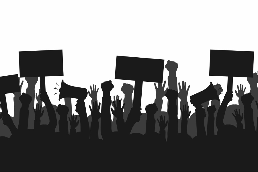 Graphic showing silhouettes of raised hands with placards