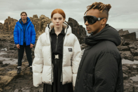 Three models in puffer jackets and clothes from Moncler’s FRAGMENT Collection