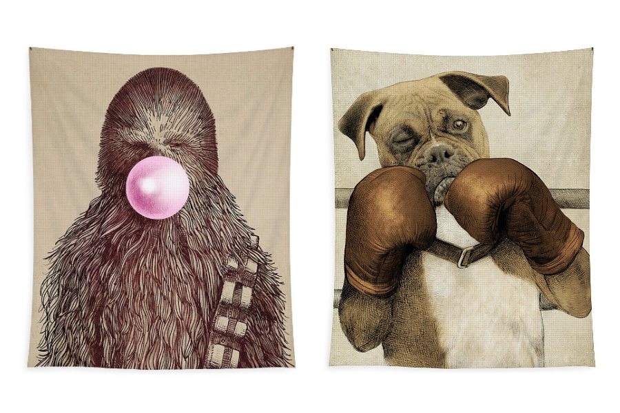 Chewbacca with bubble gum and a bulldog with boxing gloves tapestries