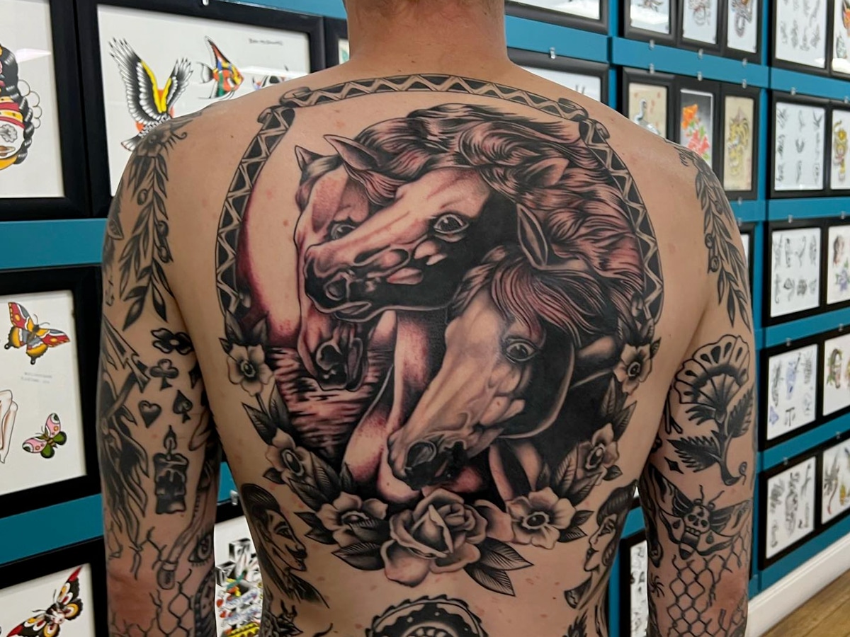Pharaoh Horses tattoo completed by Thanks Tattoo artist Gummy Johnson | Image: Instagram