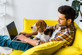 A man working on laptop with dog in his lap