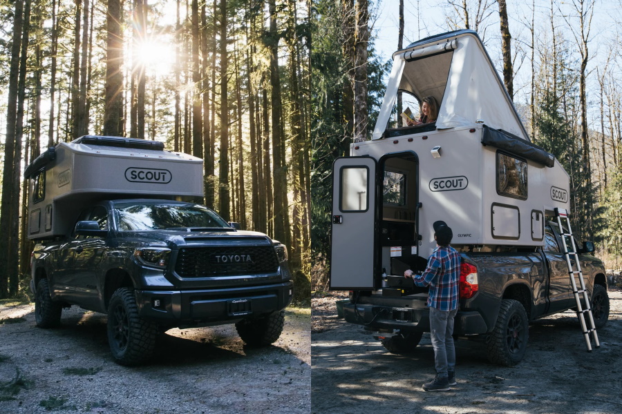 The Scout Olympic camper on a truck back and one with above-cab raised