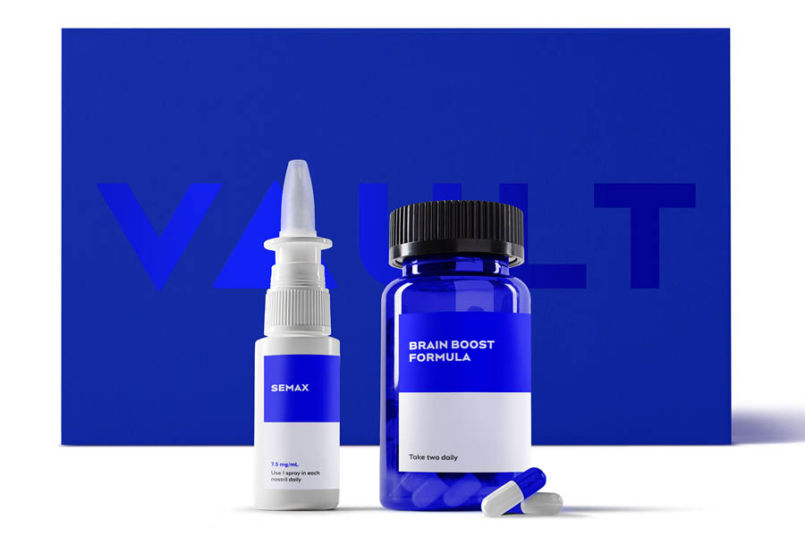 Brain boost supplements SEMAX nasal spray and pill bottle to improve focus and concentration against a blue background.