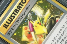 A closeup of Pikachu Illustrator card