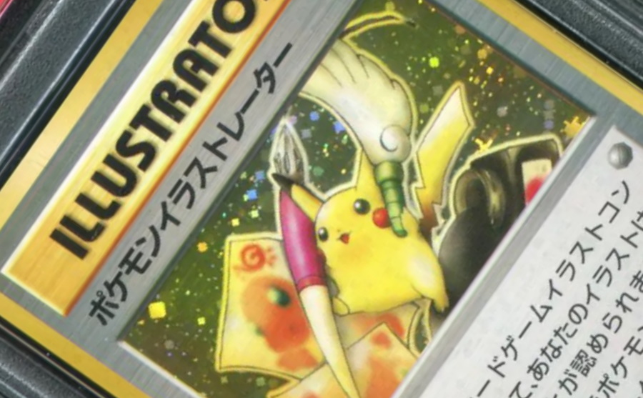 A closeup of Pikachu Illustrator card