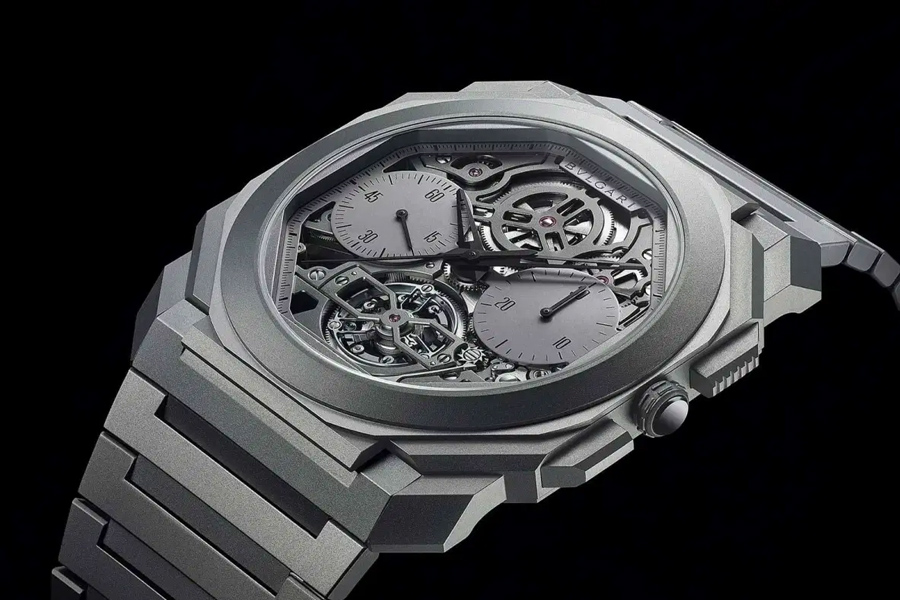 Bulgari Octo Finissimo Tourbillon Chronograph Skeleton watch with exposed gears and a sleek metal band, epitomizing luxury horology.
