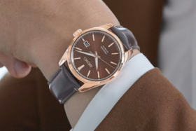 A hand with a Seiko Presage brown dial, brown strap watch