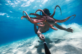 A man holding a GoPro Hero 9 with a stick underwater to shoot an octopus in front of his face