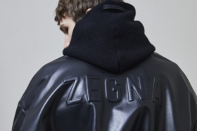 ZEGNA embossing on back of black rubber jacket from Ermenegildo Zegna x Fear of God