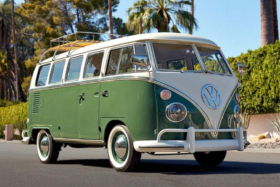 Electric Volkswagen bus three quarters three quarters on road