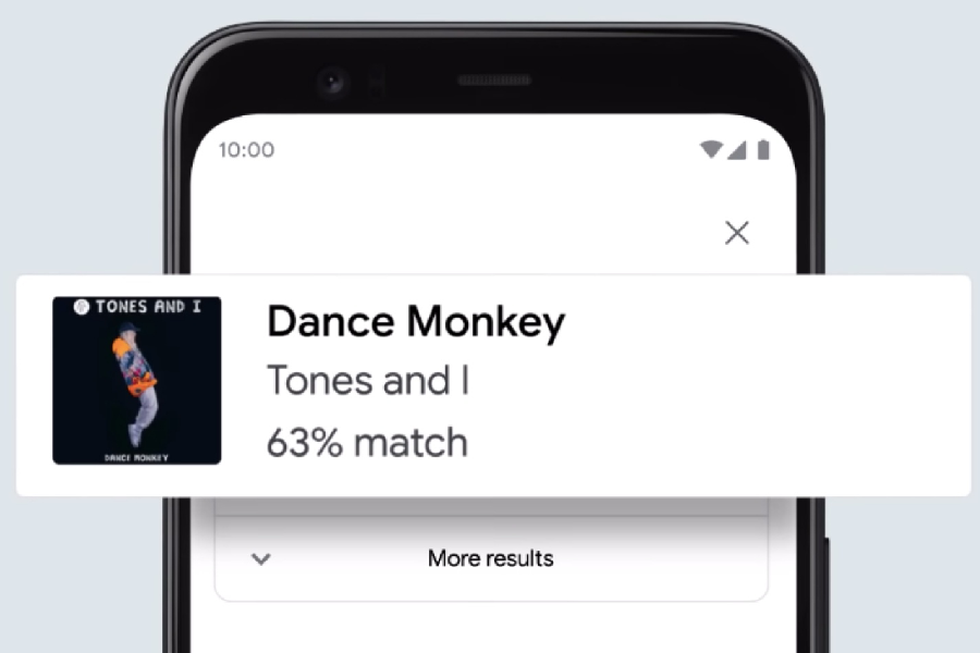 Phone screen showing Google app with search result ‘Dance Monkey/Tones and I/63% Match’ edited popping out of phone