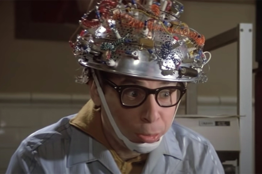 Rick Moranis  with a helmet full of wires from Ghostbusters