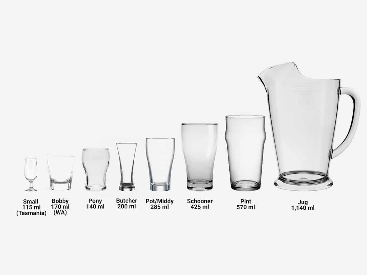 Comparison of all beer glass sizes in Australia