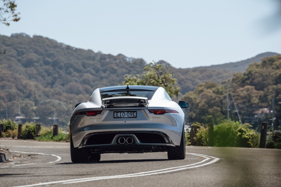 Full rear view of the silver 2021 Jaguar F-type