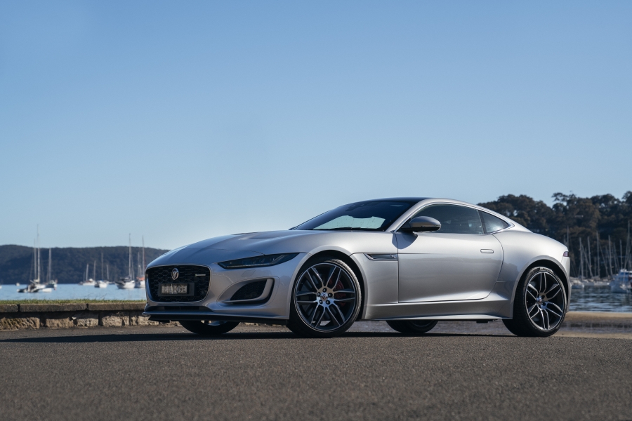 Front angular view of the silver 2021 Jaguar F-type parked on the road