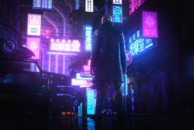 Character standing on a street with LED signboards in Japanese in Hitman 3