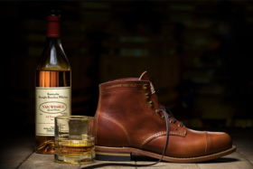 Wolverine Men’s Old Rip X 1,000 Mile Cap-Toe Boot and a Van Winkle whisky bottle