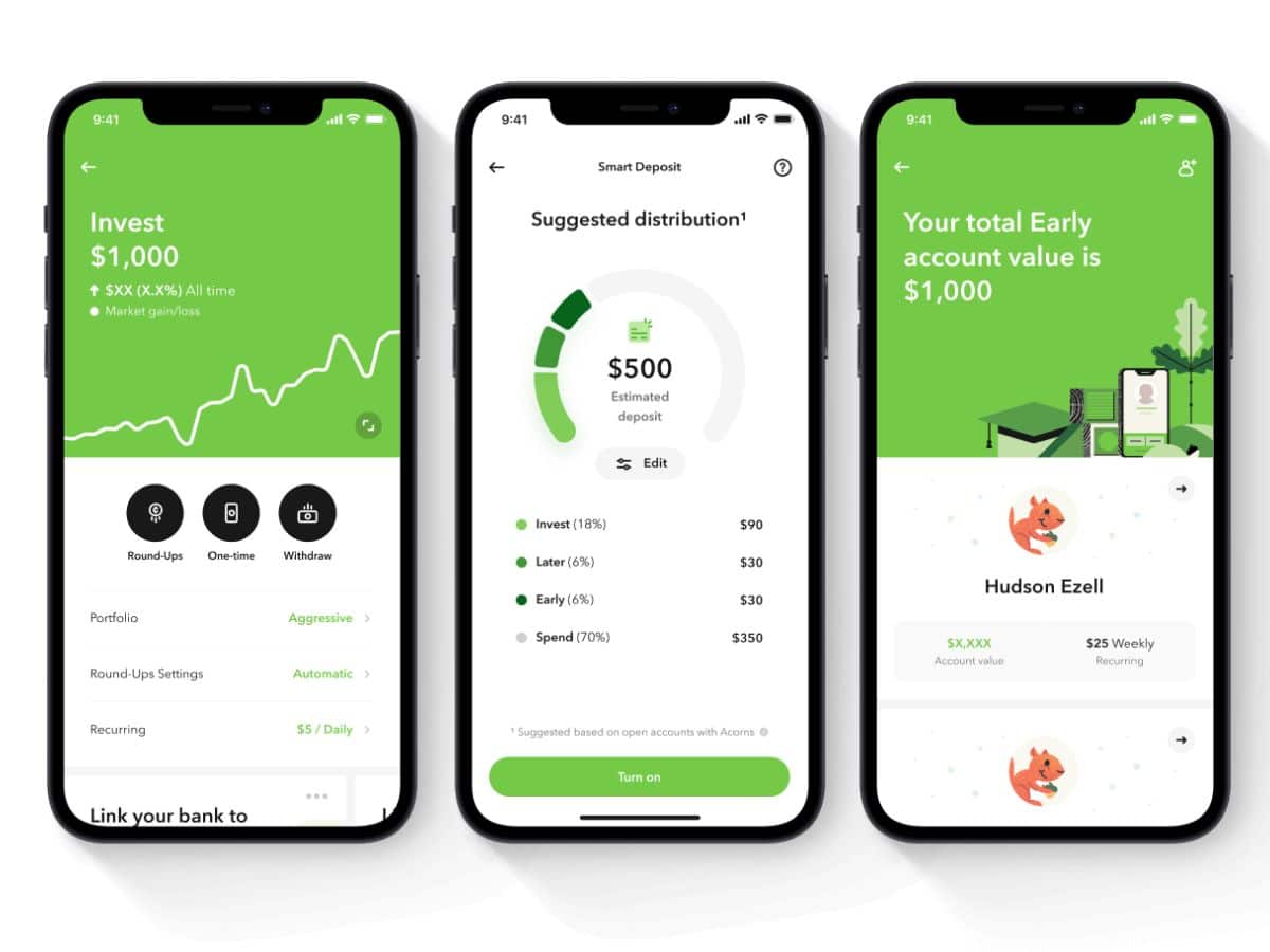 Three phone with Acorns app screens