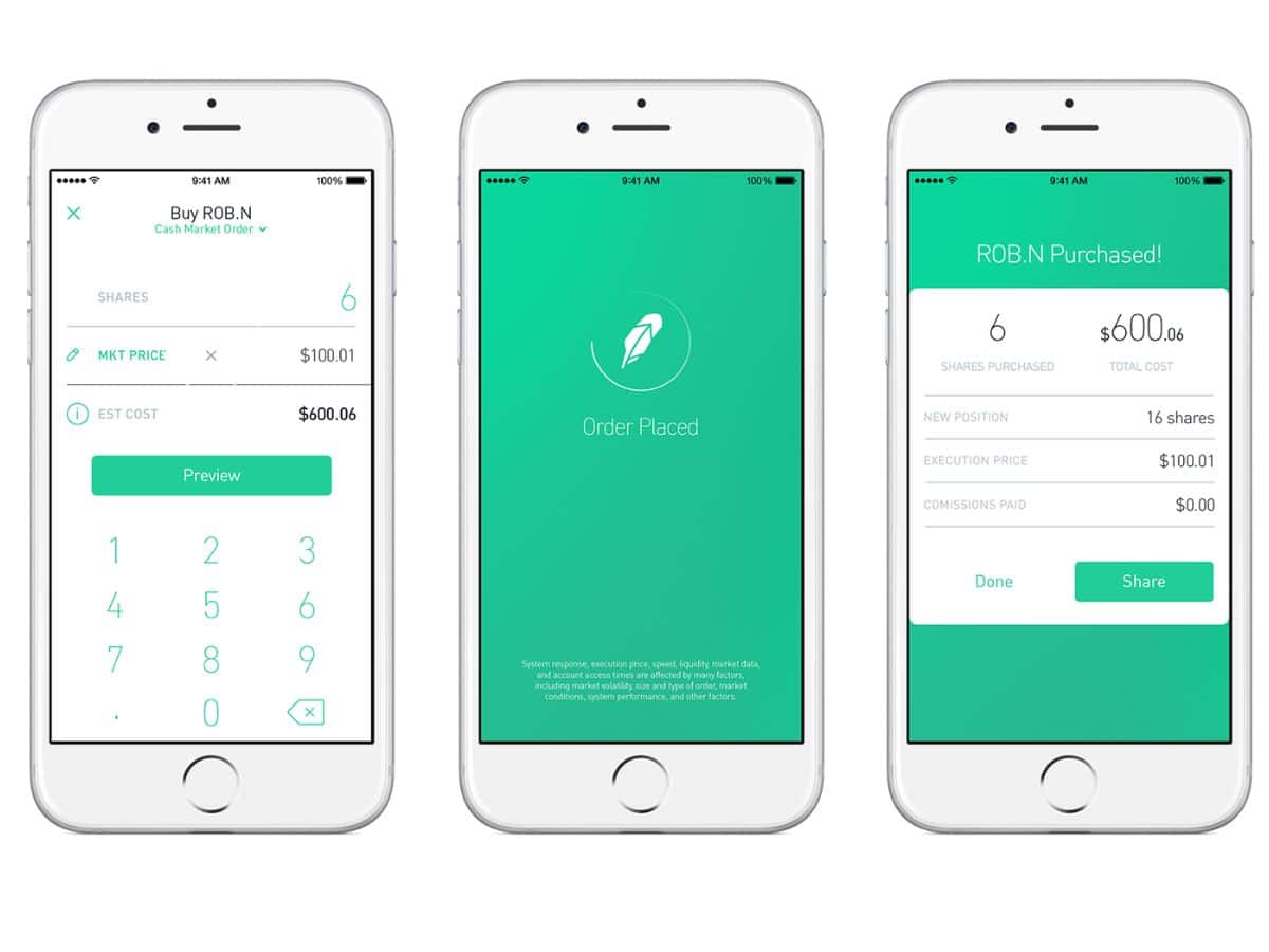 Three phones with different Robinhood App screen open