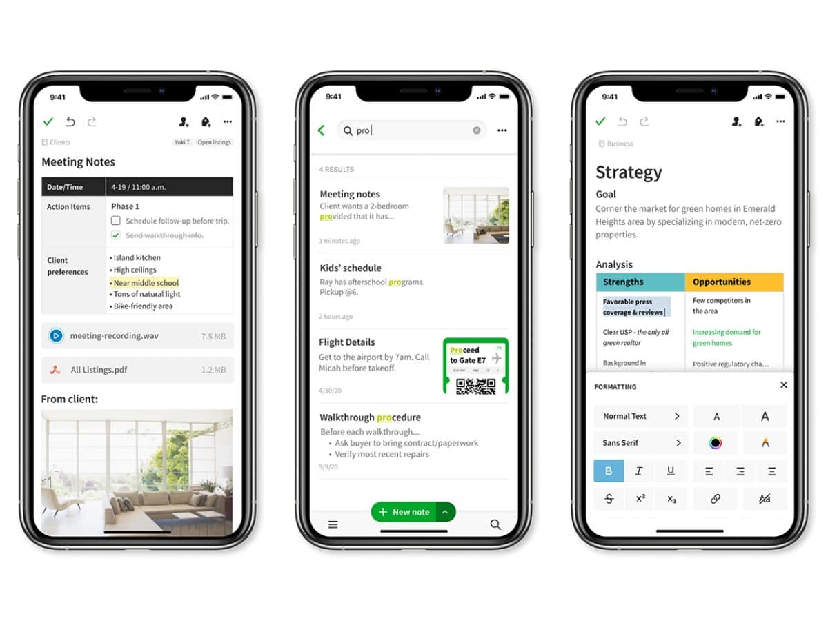 Evernote app screens on three phones