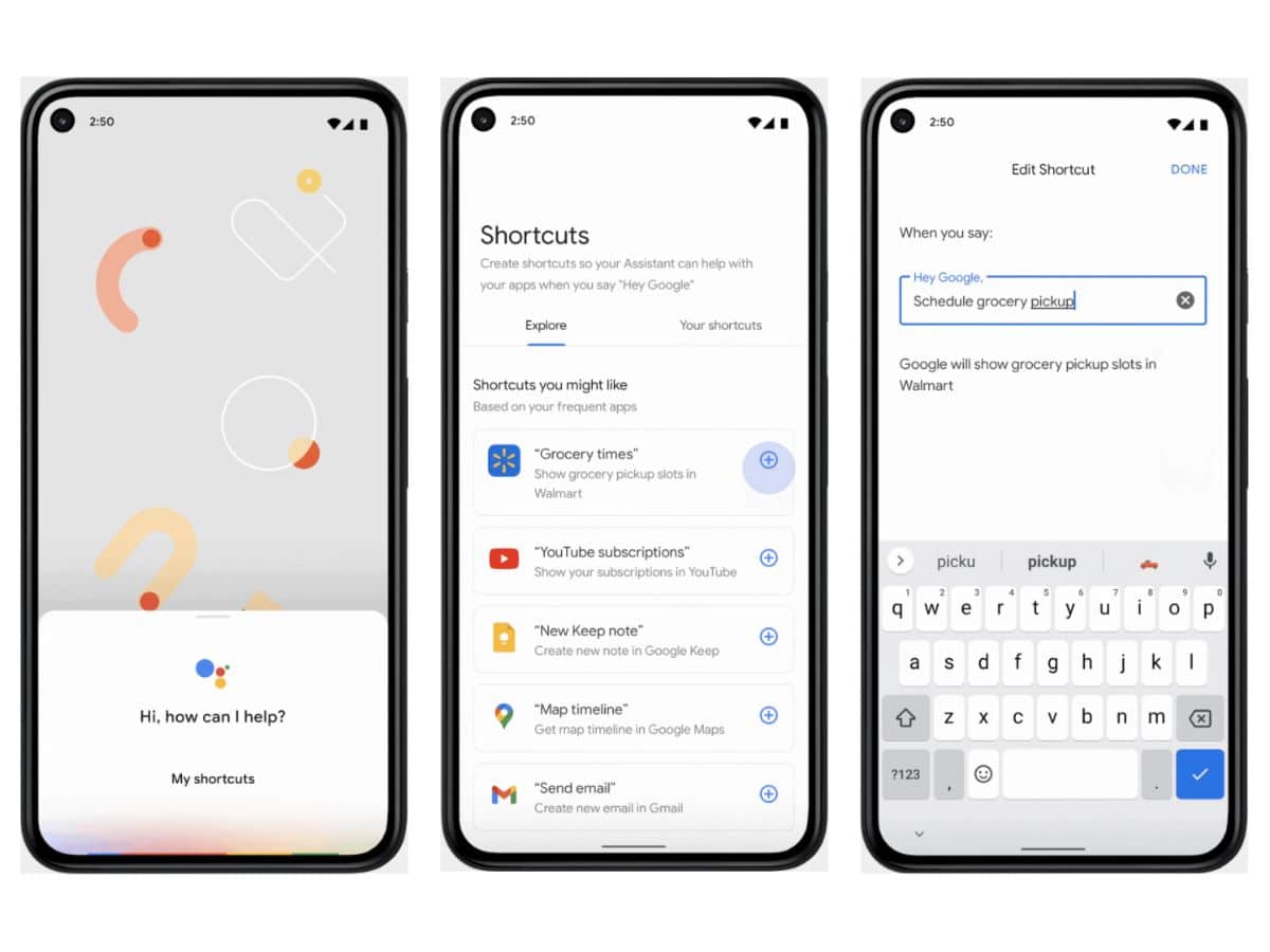 Google Assistant app screens on three phones