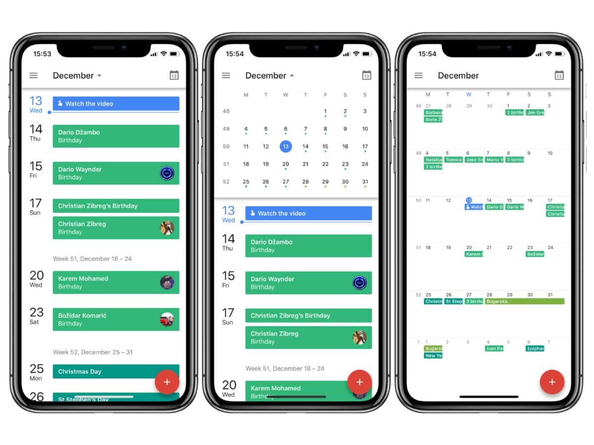 Google Calendar app screens on three phones