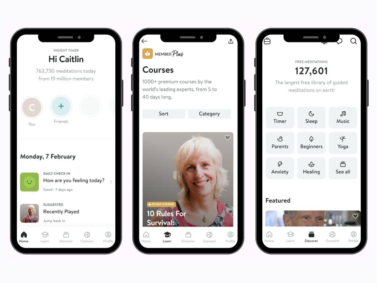 Insight Timer app screens on three phones