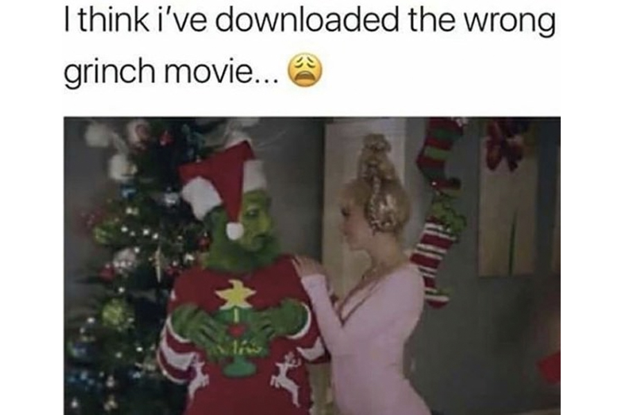 Humorous Christmas meme featuring a person dressed as the Grinch with a cheeky caption, set against a festive backdrop.