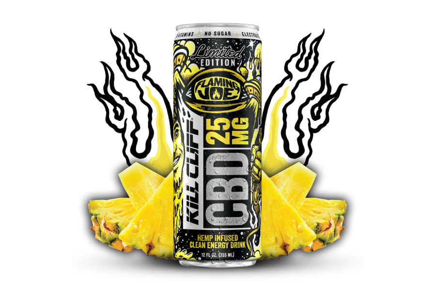 Flaming Joe CBD energy drink can with pineapple slices and fiery graphics—a Joe Rogan approved, hemp-infused beverage.