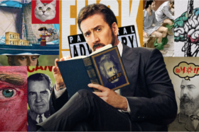 Nicholas Cage reading a book in Netflix docu-series A History of Swear Words