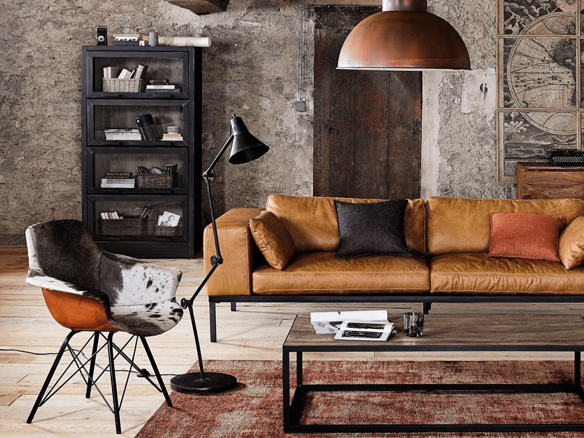 Masculine living room brown and red colour scheme interior design