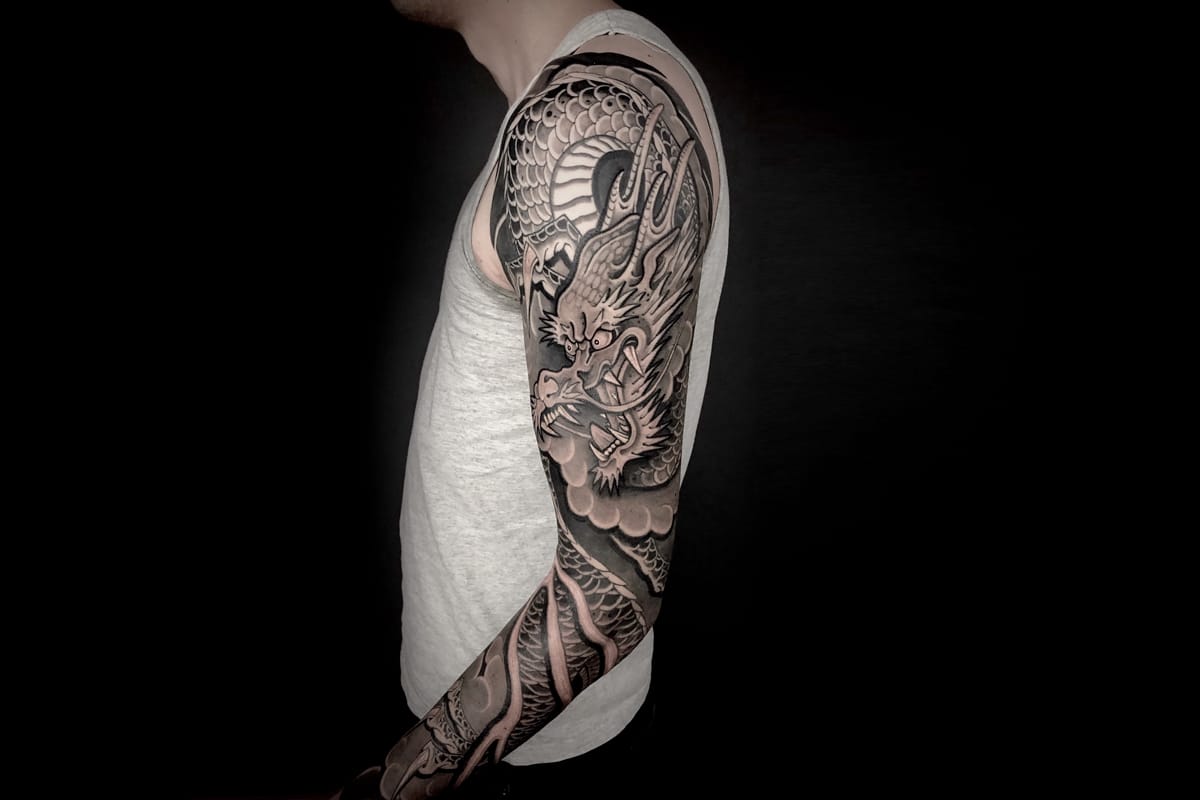 Black and white full arm sleeve tattoo with wolf, skull, bird, cross, and  anchor on Craiyon