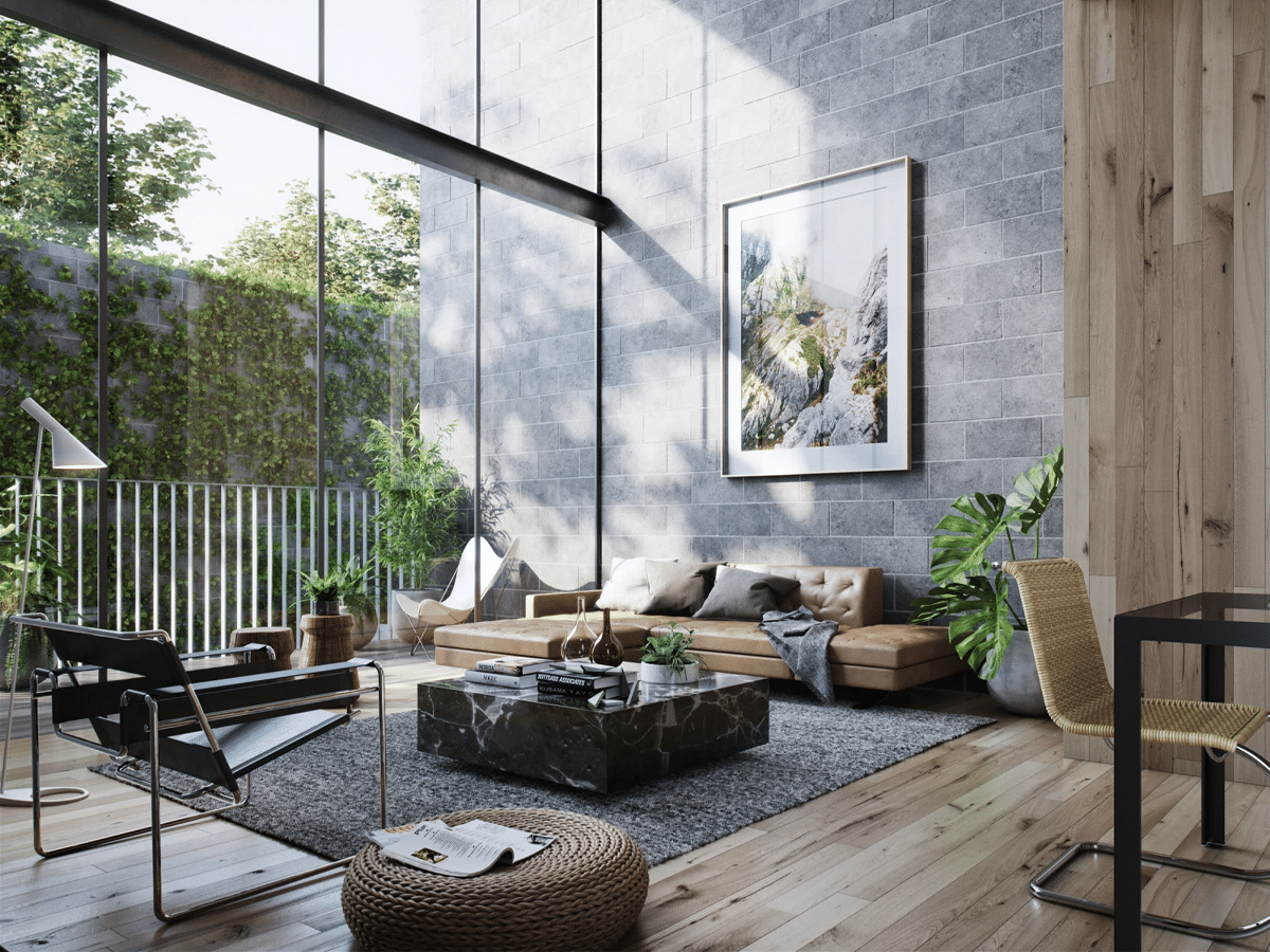 Masculine living room brown and grey colour scheme interior design