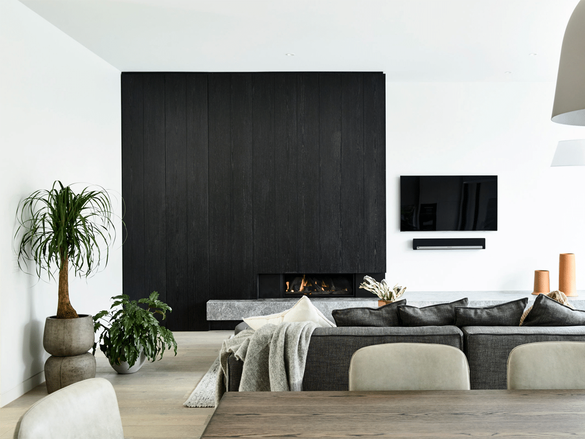 Masculine living room black, white, grey, neutral colour scheme interior design