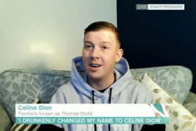 A man sitting on a couch with the headline reading "Celine Dion Formerly known as Thomas Dodd" "I drunkenly changed my name to Celine Dion"